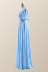 Party Dresses Formal, Flare Sleeves Blue Chiffon A-line Long Bridesmaid Dress
