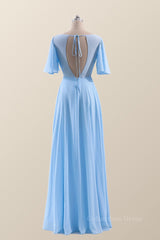 Party Dress Formal, Flare Sleeves Blue Chiffon A-line Long Bridesmaid Dress
