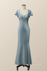 Homecoming Dress Website, Flare Sleeves Blue Mermaid Long Bridesmaid Dress