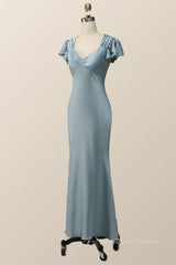 Homecoming Dress Stores, Flare Sleeves Blue Mermaid Long Bridesmaid Dress