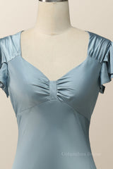 Homecoming Dress Under 54, Flare Sleeves Blue Mermaid Long Bridesmaid Dress