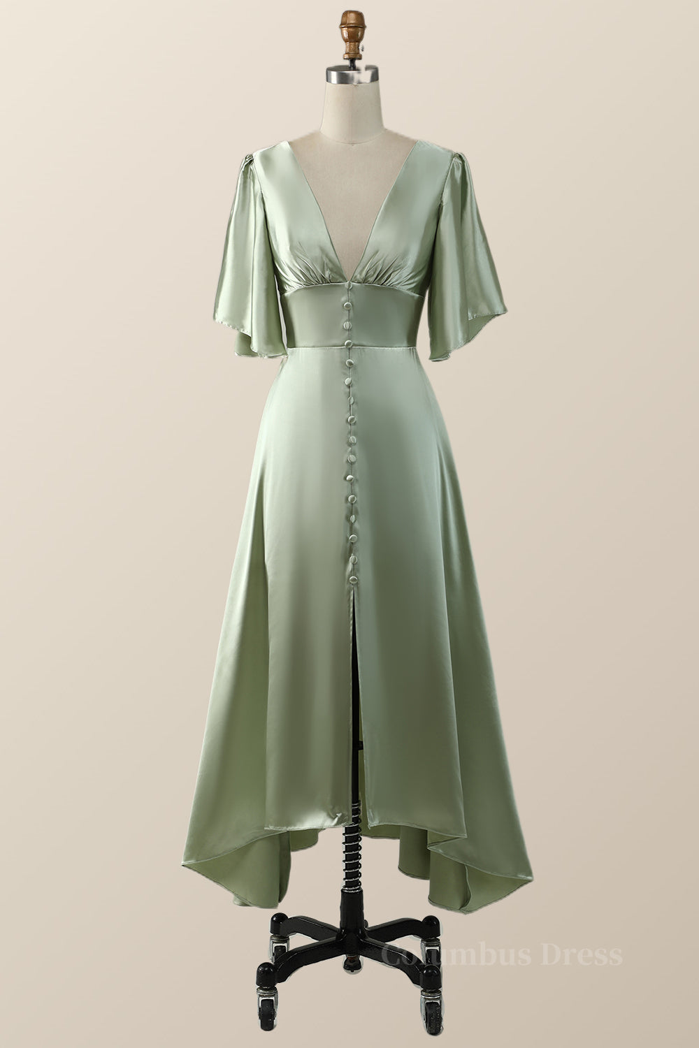Prom Dresses Long Open Back, Flare Sleeves Green Empire Midi Bridesmaid Dress