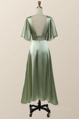 Prom Dress Long Open Back, Flare Sleeves Green Empire Midi Bridesmaid Dress
