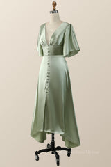 Prom Dresses Photos Gallery, Flare Sleeves Green Empire Midi Bridesmaid Dress