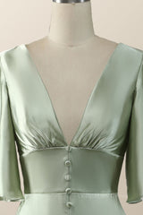 Prom Dress Chiffon, Flare Sleeves Green Empire Midi Bridesmaid Dress