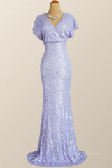 Formal Dress For Woman, Flare Sleeves Lavender Sequin Mermaid Party Dress