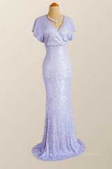 Formal Dresses Long Sleeve, Flare Sleeves Lavender Sequin Mermaid Party Dress