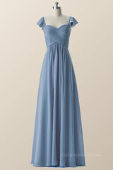 Prom Dress Ballgown, Flare Sleeves Misty Blue Pleated Long Bridesmaid Dress