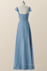 Prom Dresses For Brunettes, Flare Sleeves Misty Blue Pleated Long Bridesmaid Dress