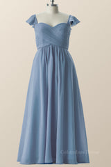 Prom Dress Fitted, Flare Sleeves Misty Blue Pleated Long Bridesmaid Dress