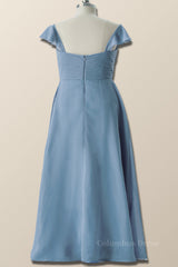 Prom Dresses Fitting, Flare Sleeves Misty Blue Pleated Long Bridesmaid Dress