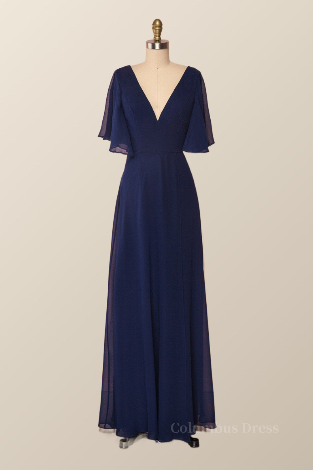 Bridesmaid Dresses Inspiration, Flare Sleeves Navy Blue Chiffon Long Bridesmaid Dress