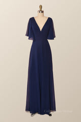 Bridesmaid Dresses Inspiration, Flare Sleeves Navy Blue Chiffon Long Bridesmaid Dress