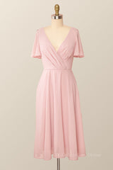 Dress Ideas, Flare Sleeves Pink Chiffon Short Party Dress