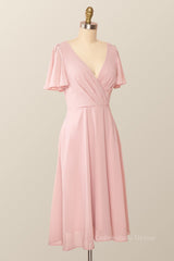 Functional Dress, Flare Sleeves Pink Chiffon Short Party Dress