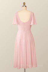 Tulle Dress, Flare Sleeves Pink Chiffon Short Party Dress