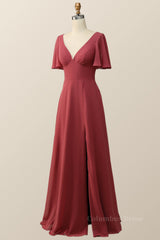 Prom Dress Country, Flare Sleeves Terracotta Empire Chiffon Long Bridesmaid Dress