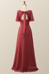 Prom Dress Champagne, Flare Sleeves Terracotta Empire Chiffon Long Bridesmaid Dress