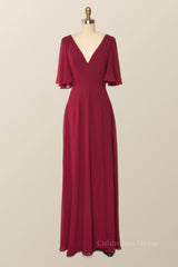 Design Dress Casual, Flare Sleeves Wine Red Chiffon Long Bridesmaid Dress
