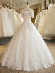 Wedding Dress Outfit, Floor Length Applique Ball Gown Off the Shoulder Lace Tulle 1/2 Sleeves Wedding Dresses