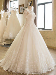 Wedding Dresses Long Sleeve, Floor Length Applique Ball Gown Off the Shoulder Lace Tulle 1/2 Sleeves Wedding Dresses