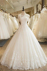 Wedding Dress Designers, Floor Length Applique Ball Gown Off the Shoulder Lace Tulle 1/2 Sleeves Wedding Dresses