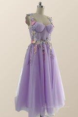 Bridesmaids Dresses Blue, Floral Embroidered Lavender Princess Midi Dress