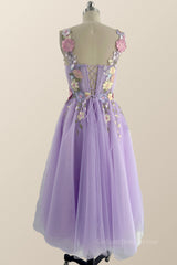 Bridesmaides Dresses Blue, Floral Embroidered Lavender Princess Midi Dress