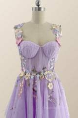 Bridesmaid Dress Blue, Floral Embroidered Lavender Princess Midi Dress