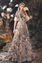 Bridesmaid Dress Style Long, Floral Embroidery Long Tulle Short Sleeve Train Prom Dresses