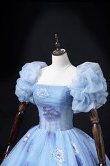 Bridesmaid Dresses Shops, Floral Tulle Long Prom Dress, Blue Short Sleeve Evening Dress