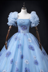 Bridesmaid Dress Shopping, Floral Tulle Long Prom Dress, Blue Short Sleeve Evening Dress