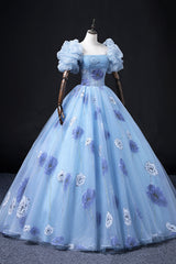 Bridesmaids Dresses Satin, Floral Tulle Long Prom Dress, Blue Short Sleeve Evening Dress