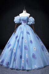 Bridesmaid Dresses Shop, Floral Tulle Long Prom Dress, Blue Short Sleeve Evening Dress