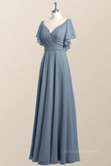 Wedding Color, Flutter Sleeves Dusty Blue Chiffon A-line Long Bridesmaid Dress