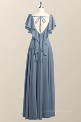 Winter Formal Dress, Flutter Sleeves Dusty Blue Chiffon A-line Long Bridesmaid Dress