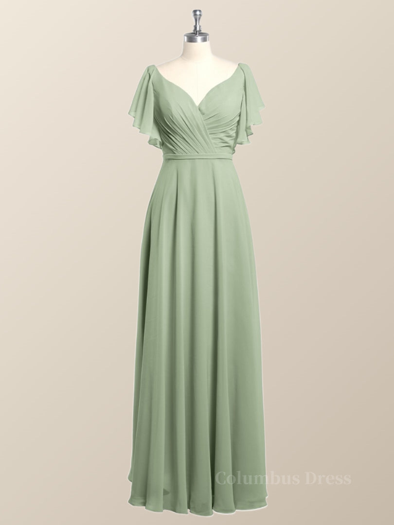 Bridesmaid Dresses Sale, Flutter Sleeves Sage Green Chiffon A-line Long Bridesmaid Dress