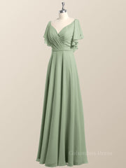 Bridesmaid Dresses Navy Blue, Flutter Sleeves Sage Green Chiffon A-line Long Bridesmaid Dress