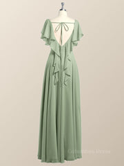 Bridesmaid Dresses 3 9 Length, Flutter Sleeves Sage Green Chiffon A-line Long Bridesmaid Dress