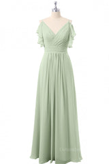 Bridesmaid Dresses Convertible, Flutter Sleeves Sage Green Pleated Long Bridesmaid Dress