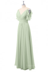 Bridesmaids Dress Convertible, Flutter Sleeves Sage Green Pleated Long Bridesmaid Dress
