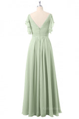 Bridesmaid Dress Convertible, Flutter Sleeves Sage Green Pleated Long Bridesmaid Dress
