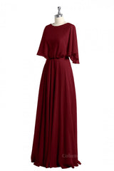Bachelorette Party Outfit, Flutter Sleeves Wine Red Chiffon Blouson Long Dress