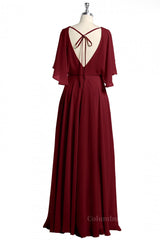 Bride Dress, Flutter Sleeves Wine Red Chiffon Blouson Long Dress