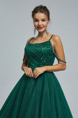 Formal Dress Prom, Dark Green Lace Up Beading Long Prom Dresses