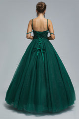 Formal Dresses Long Elegant, Dark Green Lace Up Beading Long Prom Dresses