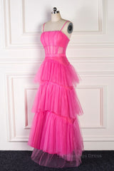 Party Dresses Outfits, Fuchsia A-line Spaghetti Straps boning Sheer Long Prom Dress
