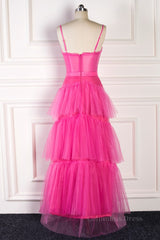 Party Dress Shopping, Fuchsia A-line Spaghetti Straps boning Sheer Long Prom Dress