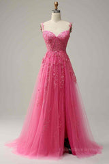 Party Dress And Gown, Fuchsia Dark Navy A-line Spaghetti Straps Tulle Lace Boning Long Prom Dress