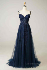 Party Dress Lady, Fuchsia Dark Navy A-line Spaghetti Straps Tulle Lace Boning Long Prom Dress